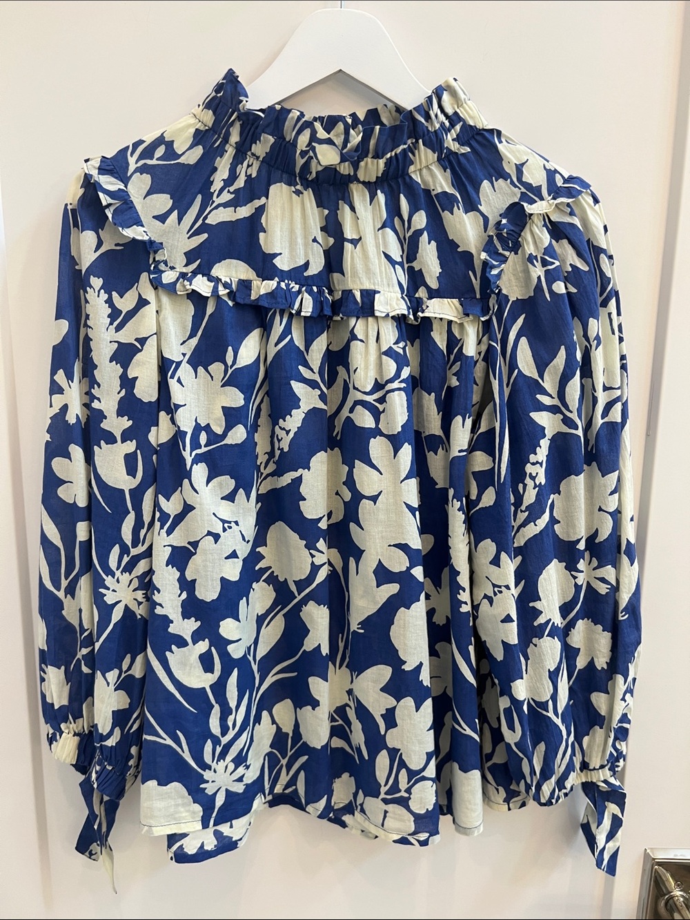 Olivia James Blue and Cream Floral Ruffle Yoke Blouse